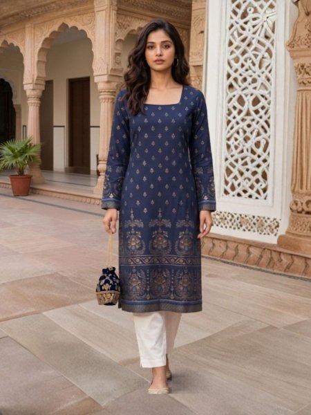 Bold Navy Blue Foil Printed Rayon Straight Cut Kurti at Wholesale Rate Kurtis