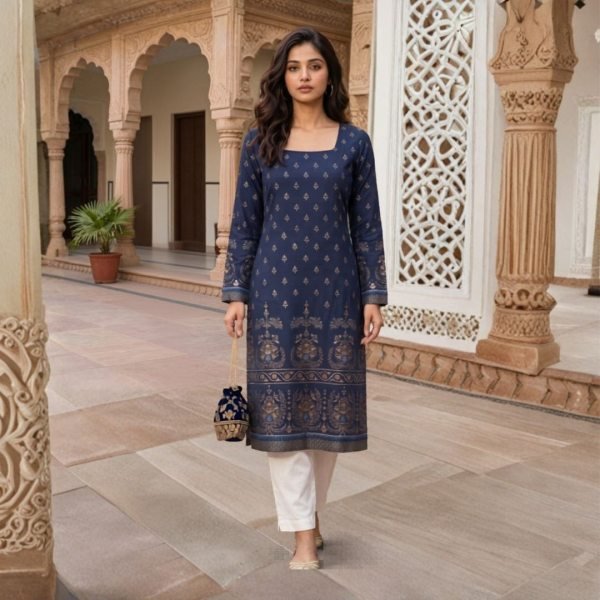 Bold Navy Blue Foil Printed Rayon Straight Cut Kurti at Wholesale Rate Printed Kurtis
