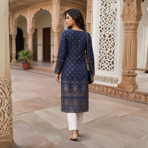 Bold Navy Blue Foil Printed Rayon Straight Cut Kurti at Wholesale Rate Printed Kurtis
