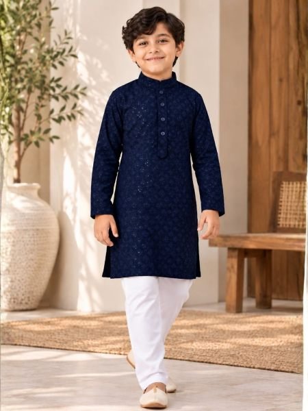 Bold Navy Blue Heavy Rayon Chikankari Kurta with Cotton Pant Mens Wear