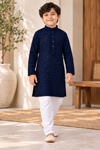 Bold Navy Blue Heavy Rayon Chikankari Kurta with Cotton Pant Boys Wear