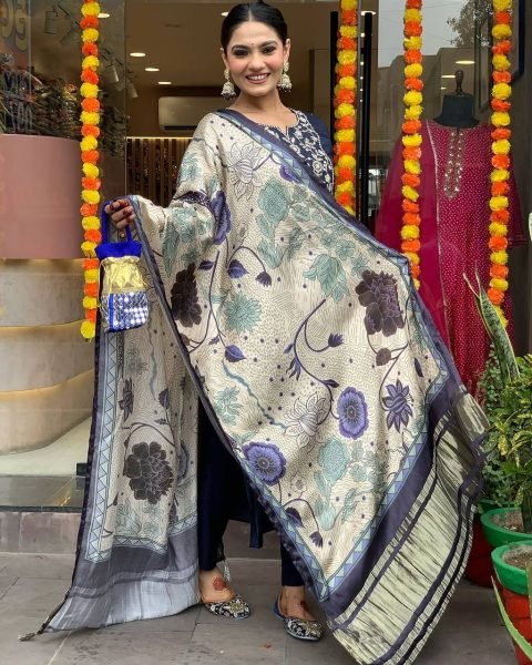 Bold Navy Blue Viscose Chanderi Embroidered Kurti Set with Lagdi Satin Dupatta at Wholesale Rate   Straight Cut Long Kurtis