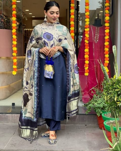 Bold Navy Blue Viscose Chanderi Embroidered Kurti Set with Lagdi Satin Dupatta at Wholesale Rate   Straight Cut Long Kurtis