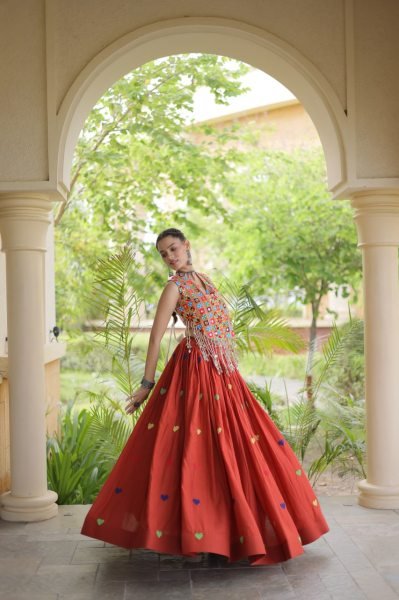 Bold Orange Festive Wear Cotton Lehenga Choli with Designer Mirror Work at Wholeslae Rate Navratri Lehnega Choli