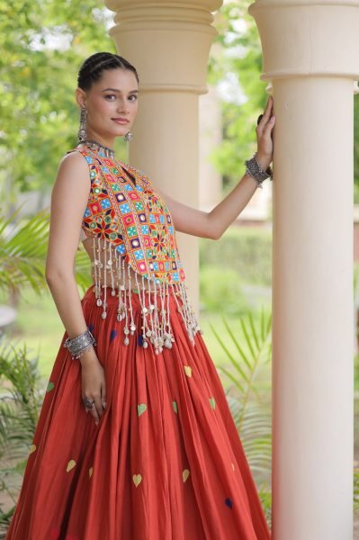 Bold Orange Festive Wear Cotton Lehenga Choli with Designer Mirror Work at Wholeslae Rate Navratri Lehnega Choli