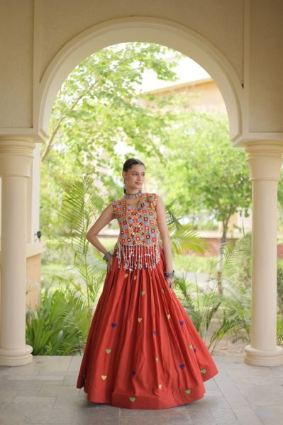 Bold Orange Festive Wear Cotton Lehenga Choli with Designer Mirror Work at Wholeslae Rate Navratri Lehnega Choli