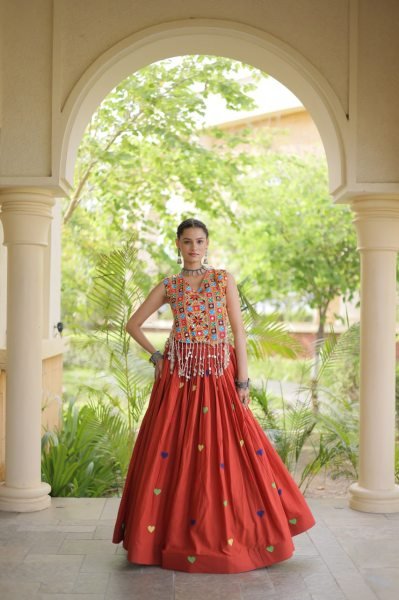 Bold Orange Festive Wear Cotton Lehenga Choli with Designer Mirror Work at Wholeslae Rate Navratri Lehnega Choli
