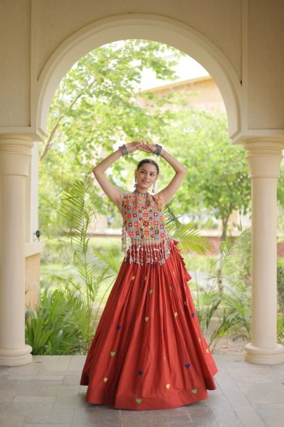 Bold Orange Festive Wear Cotton Lehenga Choli with Designer Mirror Work at Wholeslae Rate Navratri Lehnega Choli