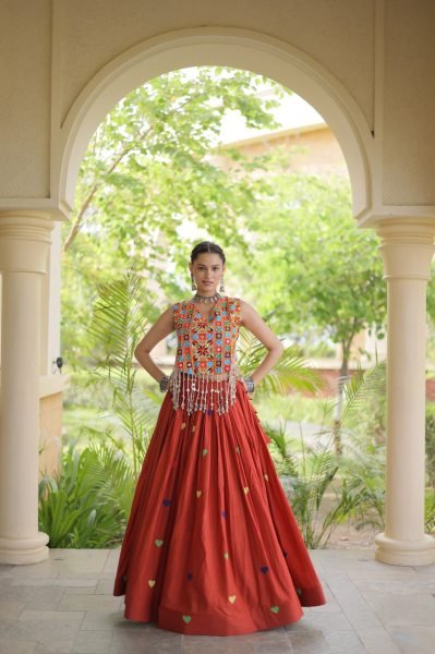 Bold Orange Festive Wear Cotton Lehenga Choli with Designer Mirror Work at Wholeslae Rate Navratri Lehnega Choli