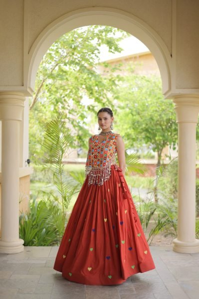 Bold Orange Festive Wear Cotton Lehenga Choli with Designer Mirror Work at Wholeslae Rate Navratri Lehnega Choli