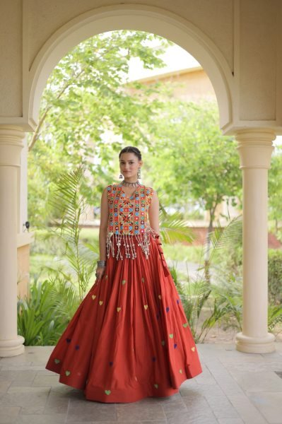 Bold Orange Festive Wear Cotton Lehenga Choli with Designer Mirror Work at Wholeslae Rate Navratri Lehnega Choli