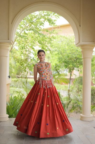 Bold Orange Festive Wear Cotton Lehenga Choli with Designer Mirror Work at Wholeslae Rate Navratri Lehnega Choli