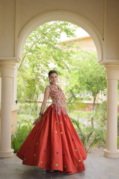 Bold Orange Festive Wear Cotton Lehenga Choli with Designer Mirror Work at Wholeslae Rate Navratri Lehnega Choli