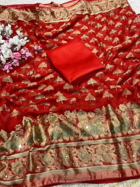 Bold Orange Women's Mirror Work Massmeelo Brrosso Saree At Wholesale Rate 