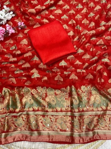 Bold Orange Women's Mirror Work Massmeelo Brrosso Saree At Wholesale Rate Designer Wedding Sarees Wholesale