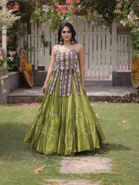 Bold Parrot Green Kora Cotton Lehenga and Kutchi Patchwork Blouse Set at Manufacturer   Lehenga