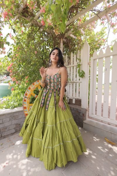 Bold Parrot Green Kora Cotton Lehenga and Kutchi Patchwork Blouse Set at Manufacturer  Navratri Lehnega Choli