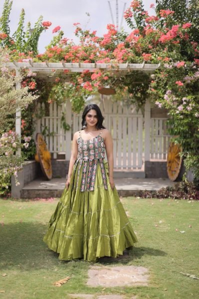 Bold Parrot Green Kora Cotton Lehenga and Kutchi Patchwork Blouse Set at Manufacturer  Navratri Lehnega Choli