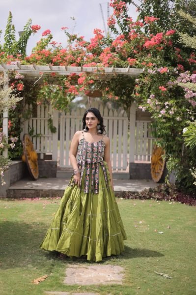 Bold Parrot Green Kora Cotton Lehenga and Kutchi Patchwork Blouse Set at Manufacturer  Navratri Lehnega Choli