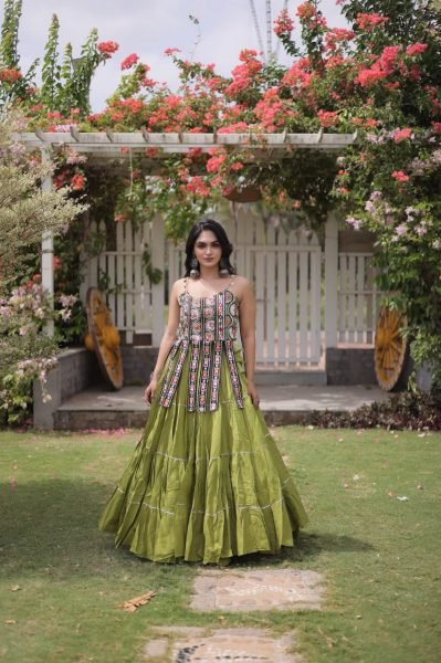 Bold Parrot Green Kora Cotton Lehenga and Kutchi Patchwork Blouse Set at Manufacturer  Navratri Lehnega Choli