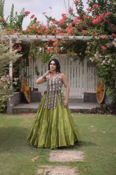 Bold Parrot Green Kora Cotton Lehenga and Kutchi Patchwork Blouse Set at Manufacturer  Navratri Lehnega Choli
