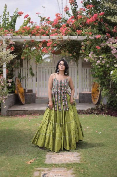 Bold Parrot Green Kora Cotton Lehenga and Kutchi Patchwork Blouse Set at Manufacturer  Navratri Lehnega Choli