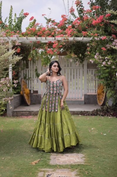 Bold Parrot Green Kora Cotton Lehenga and Kutchi Patchwork Blouse Set at Manufacturer  Navratri Lehnega Choli