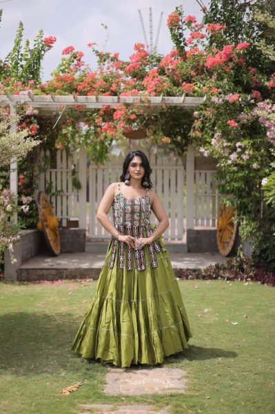 Bold Parrot Green Kora Cotton Lehenga and Kutchi Patchwork Blouse Set at Manufacturer  Navratri Lehnega Choli