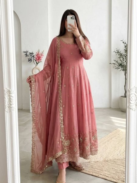 Bold Peach Heavy Crunchy Silk Gown with Rich Embroidery and Sequins Detailing Ready To Wear Suit