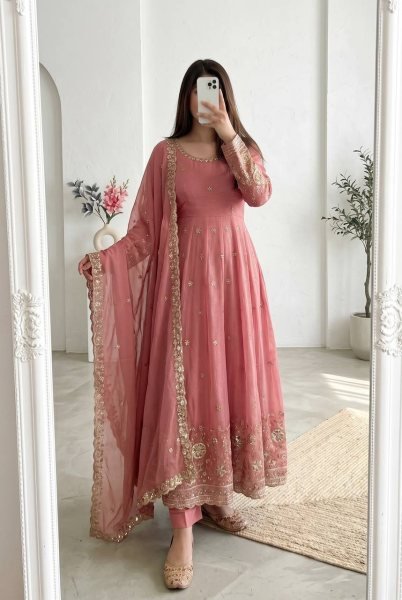 Bold Peach Heavy Crunchy Silk Gown with Rich Embroidery and Sequins Detailing Ready To Wear Collection