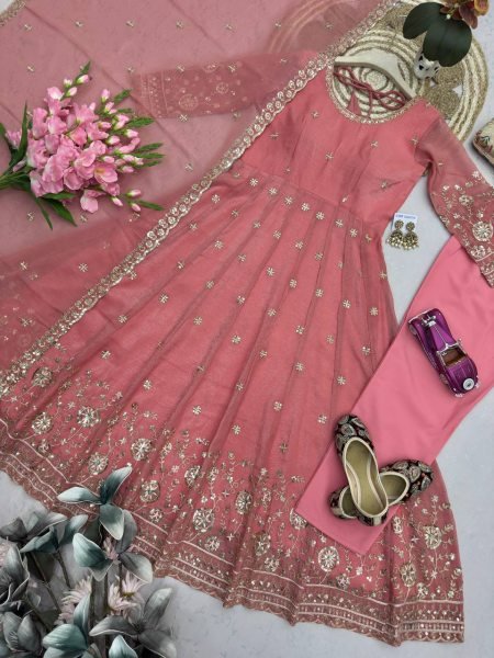 Bold Peach Heavy Crunchy Silk Gown with Rich Embroidery and Sequins Detailing Ready To Wear Collection