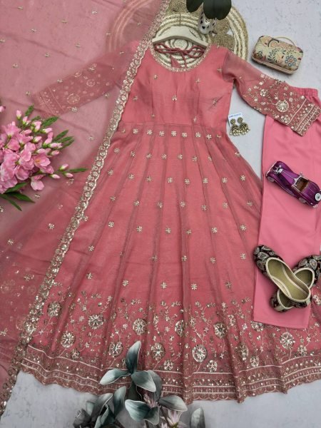 Bold Peach Heavy Crunchy Silk Gown with Rich Embroidery and Sequins Detailing Ready To Wear Collection