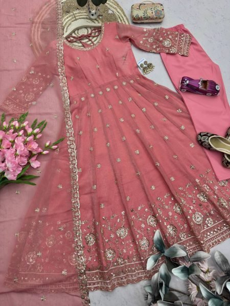 Bold Peach Heavy Crunchy Silk Gown with Rich Embroidery and Sequins Detailing Ready To Wear Collection