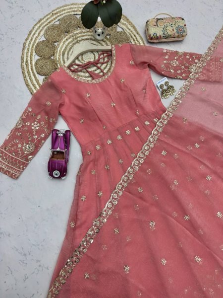 Bold Peach Heavy Crunchy Silk Gown with Rich Embroidery and Sequins Detailing Ready To Wear Collection
