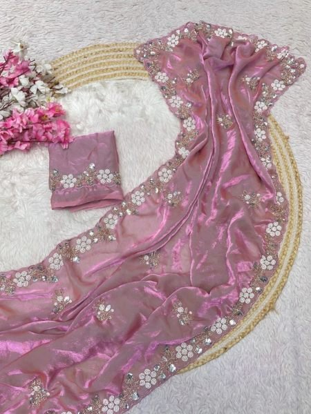 Bold Pink Fandy Satin Saree with Sequin Embroidery for Festival Wear 