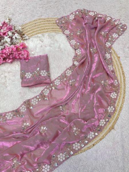 Bold Pink Fandy Satin Saree with Sequin Embroidery for Festival Wear Bollywood Fancy Sarees Wholesale