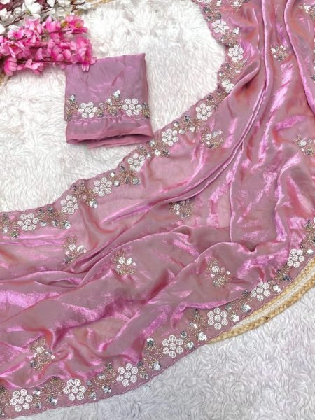 Bold Pink Fandy Satin Saree with Sequin Embroidery for Festival Wear Bollywood Fancy Sarees Wholesale