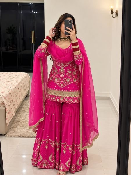 Bold Pink Heavy Faux Georgette Embroidered Top Sharara Dupatta Set for Festival 