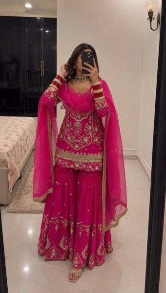 Bold Pink Heavy Faux Georgette Embroidered Top Sharara Dupatta Set for Festival Ready To Wear Collection