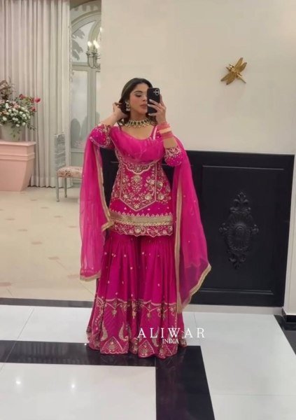 Bold Pink Heavy Faux Georgette Embroidered Top Sharara Dupatta Set for Festival Ready To Wear Collection