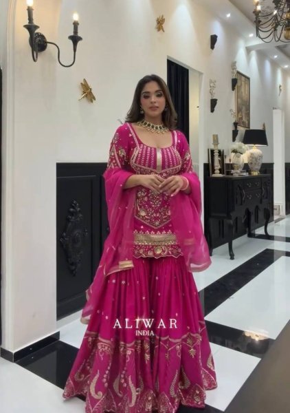 Bold Pink Heavy Faux Georgette Embroidered Top Sharara Dupatta Set for Festival Ready To Wear Collection
