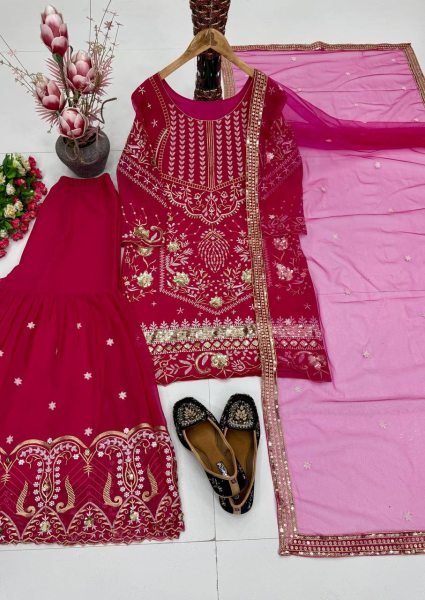 Bold Pink Heavy Faux Georgette Embroidered Top Sharara Dupatta Set for Festival Ready To Wear Collection