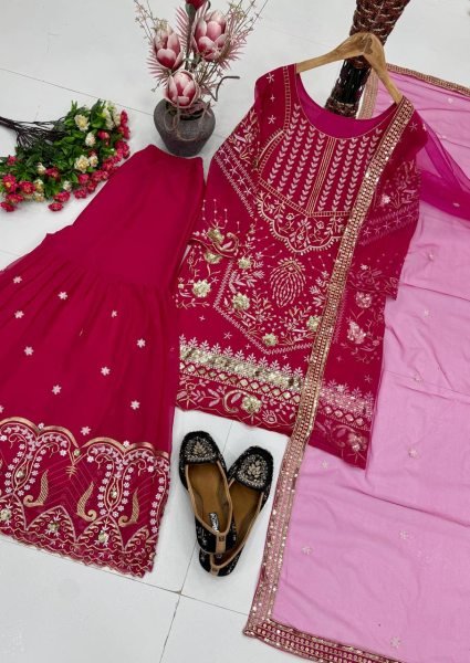 Bold Pink Heavy Faux Georgette Embroidered Top Sharara Dupatta Set for Festival Ready To Wear Collection