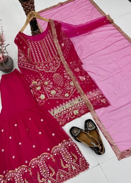Bold Pink Heavy Faux Georgette Embroidered Top Sharara Dupatta Set for Festival Ready To Wear Collection