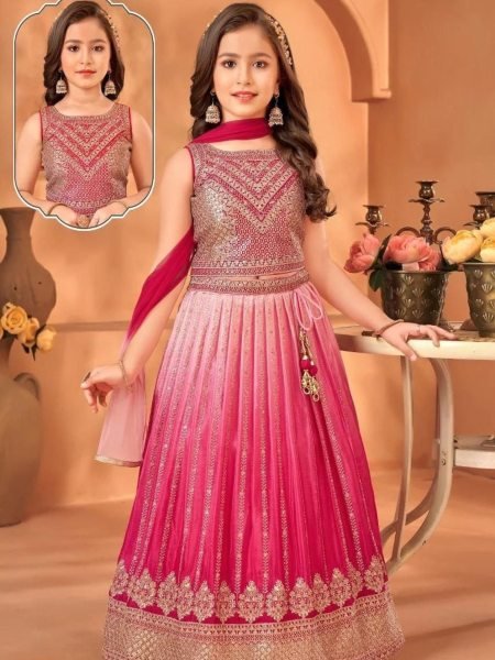 Bold Pink Soft Chinon Silk Lehenga with Embroidery and Printed Work for Wedding Functions 