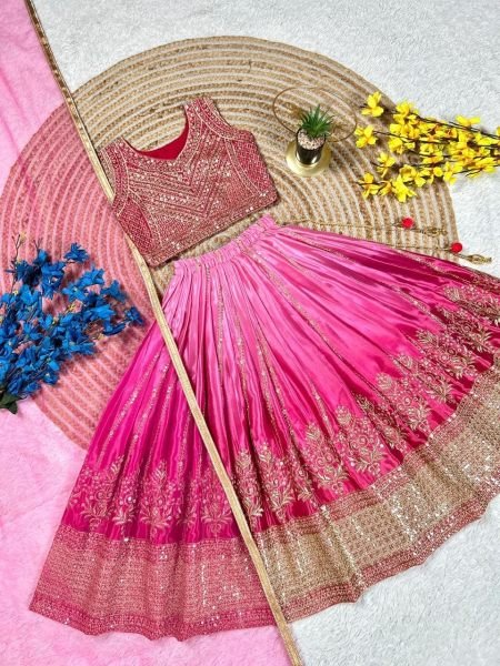 Bold Pink Soft Chinon Silk Lehenga with Embroidery and Printed Work for Wedding Functions Girls Wear