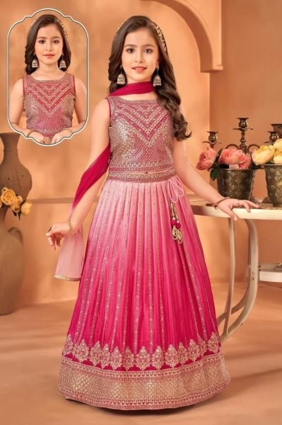 Bold Pink Soft Chinon Silk Lehenga with Embroidery and Printed Work for Wedding Functions Girls Wear