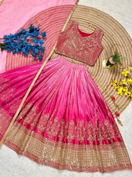 Bold Pink Soft Chinon Silk Lehenga with Embroidery and Printed Work for Wedding Functions Girls Wear