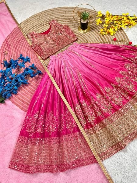 Bold Pink Soft Chinon Silk Lehenga with Embroidery and Printed Work for Wedding Functions Girls Wear