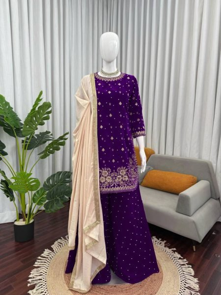 Bold Purple Fully Stitch Velvet Thread and Sequence Work  for Boutique Buyers Ready To Wear Collection